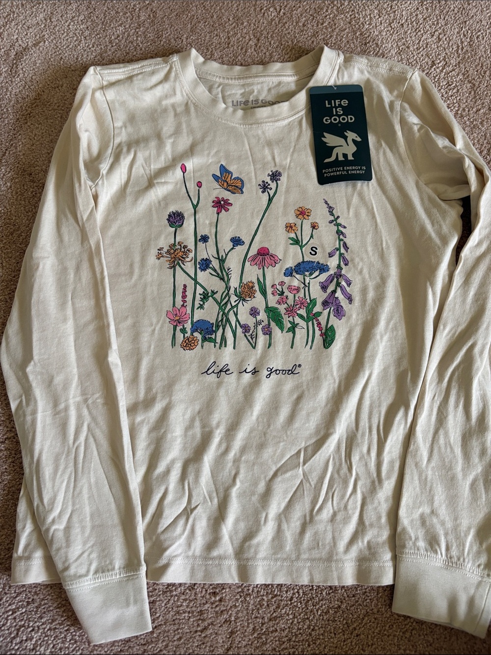 Life Is Good Cream Long-Sleeve Tee with Colorful Floral & Butterfly Graphic